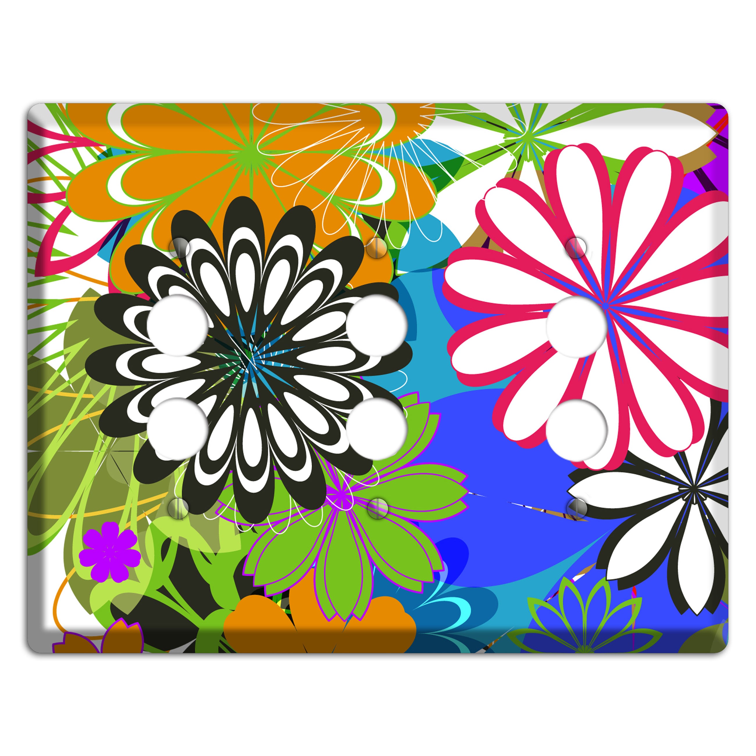 Multi Retro Flowers 3 Pushbutton Wallplate