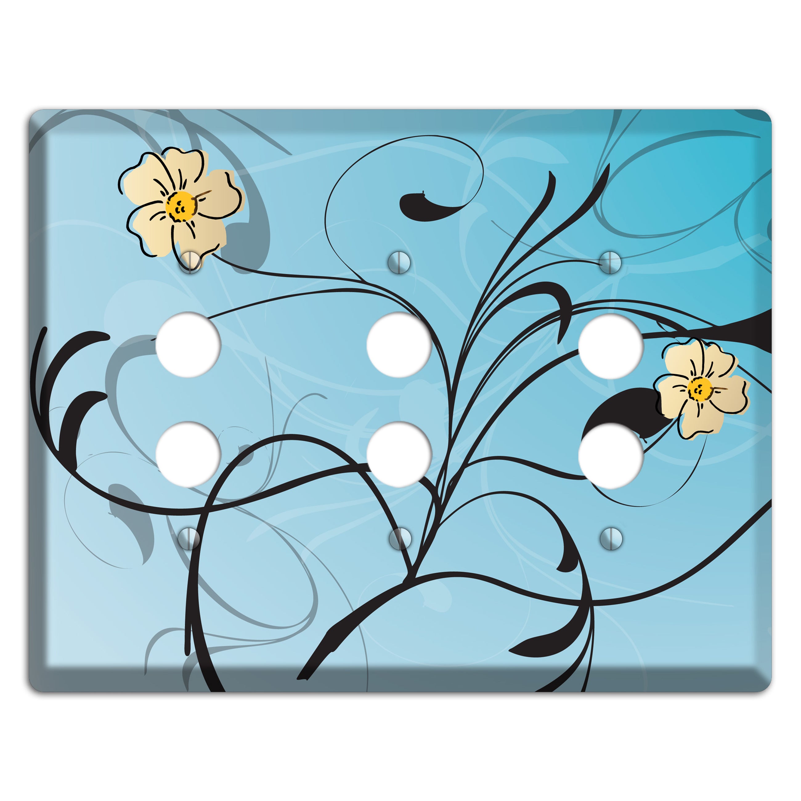 Blue Flower with Swirl 3 Pushbutton Wallplate
