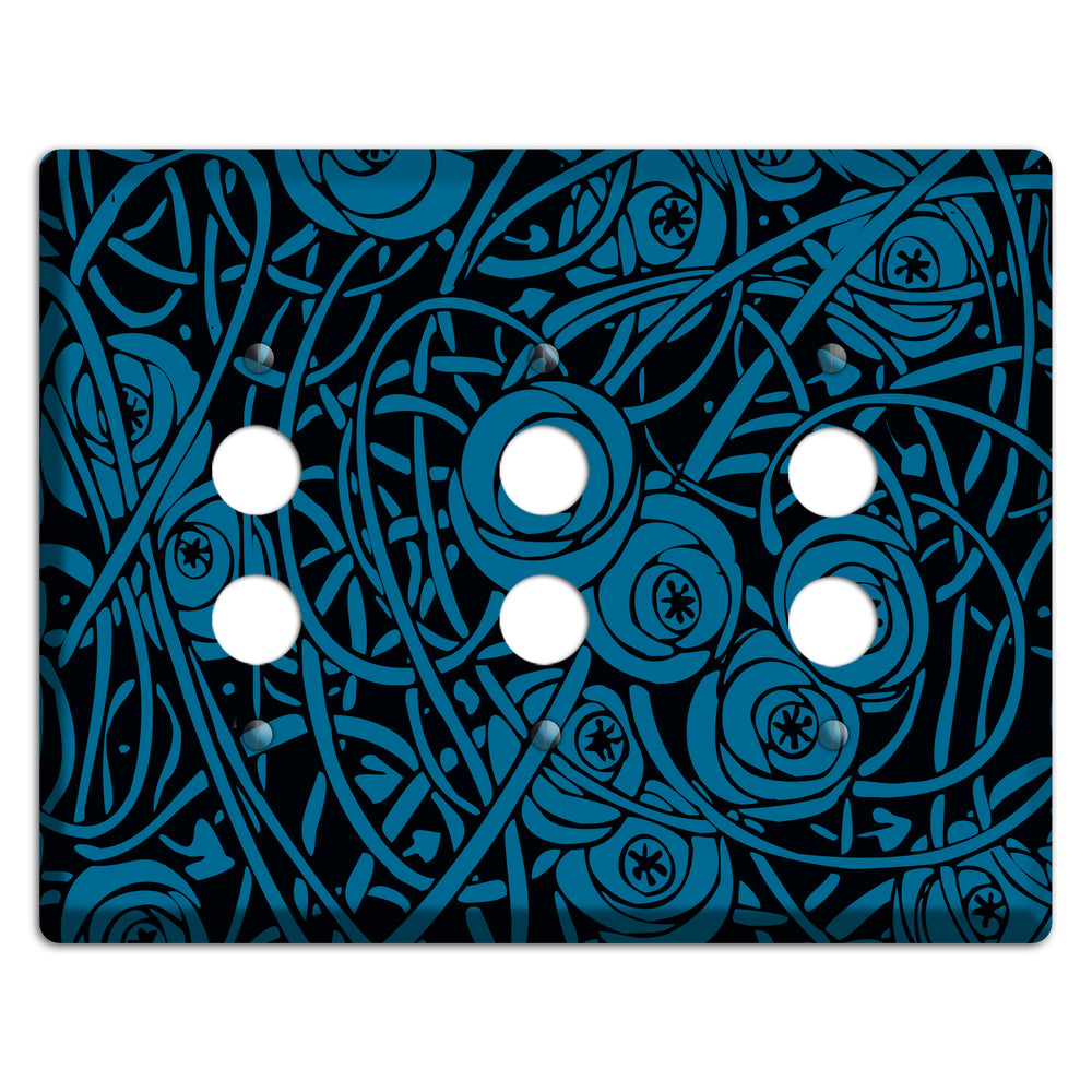 Black and Blue Deco Floral 3 Pushbutton Wallplate