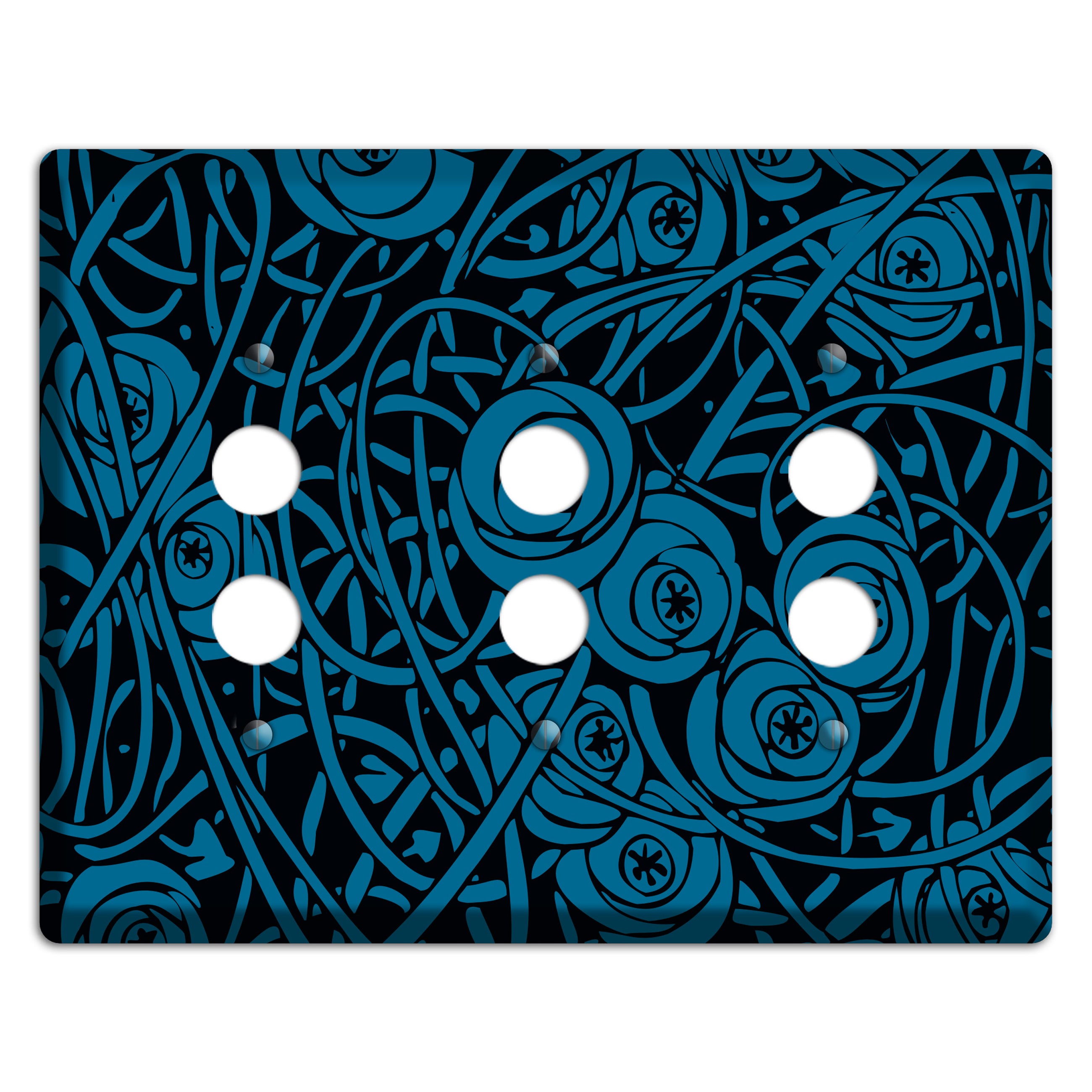Black and Blue Deco Floral 3 Pushbutton Wallplate