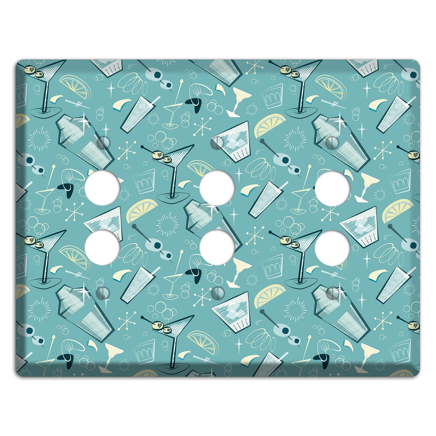 Retro Cocktails Teal 3 Pushbutton Wallplate