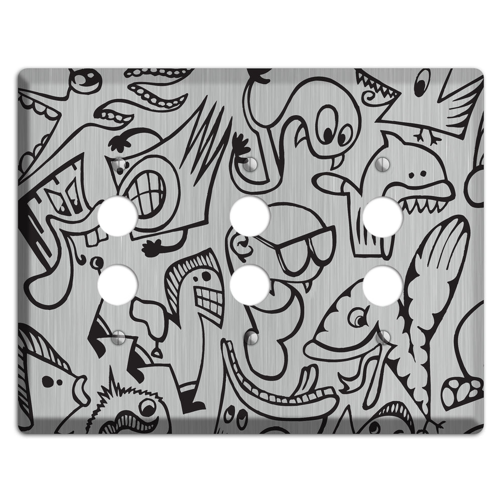 Whimsical Faces 1 Stainless Steel 3 Pushbutton Wallplate