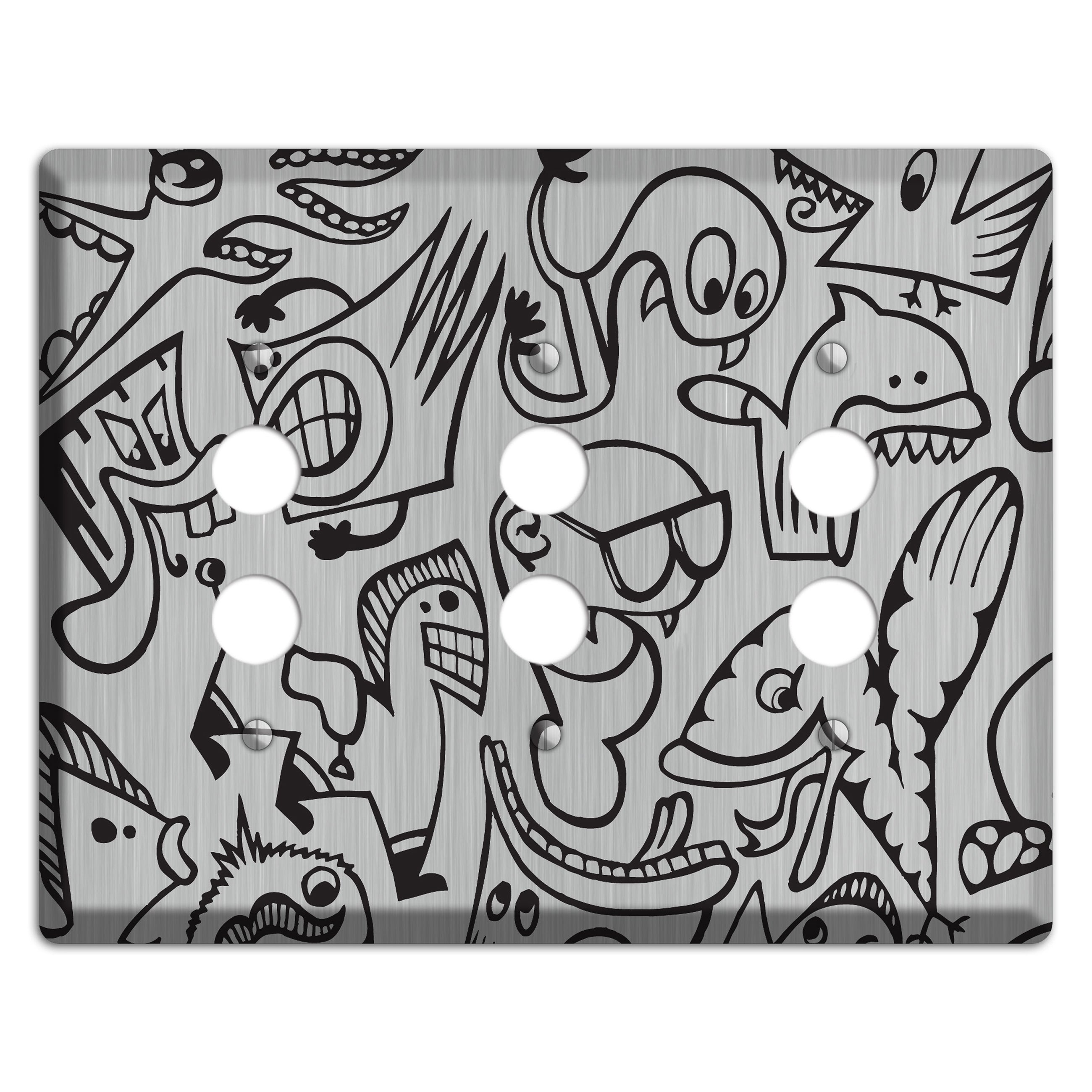 Whimsical Faces 1  Stainless 3 Pushbutton Wallplate