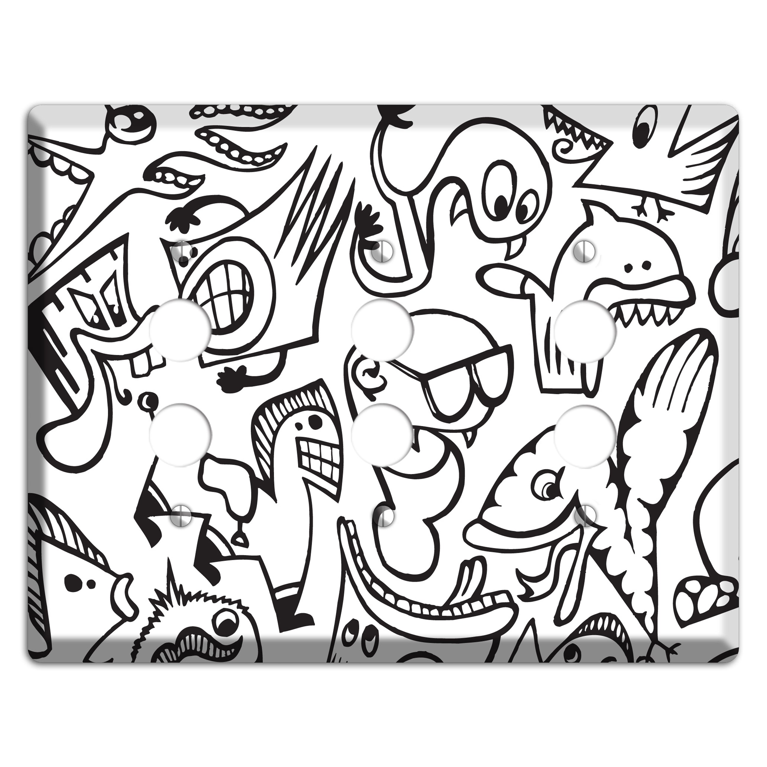 Black and White Whimsical Faces 1 3 Pushbutton Wallplate