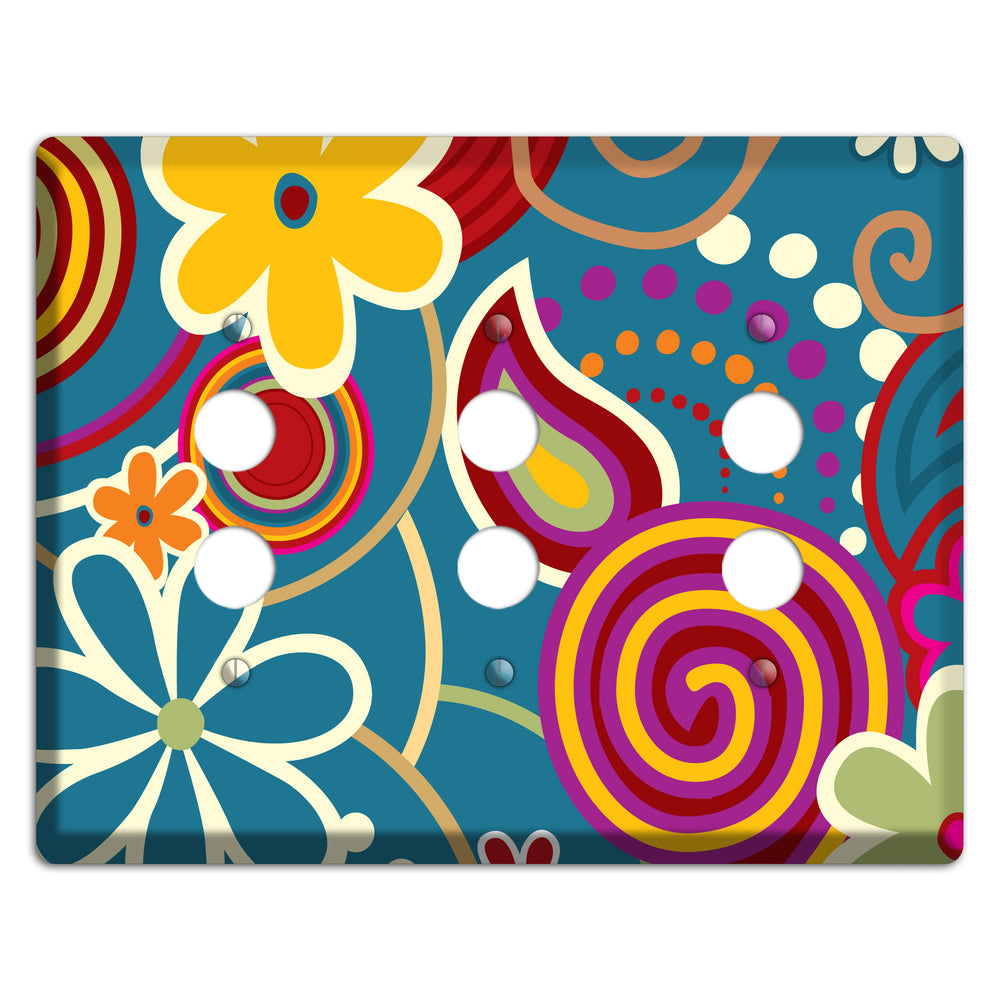 Bold Blue Flowers 3 Pushbutton Wallplate