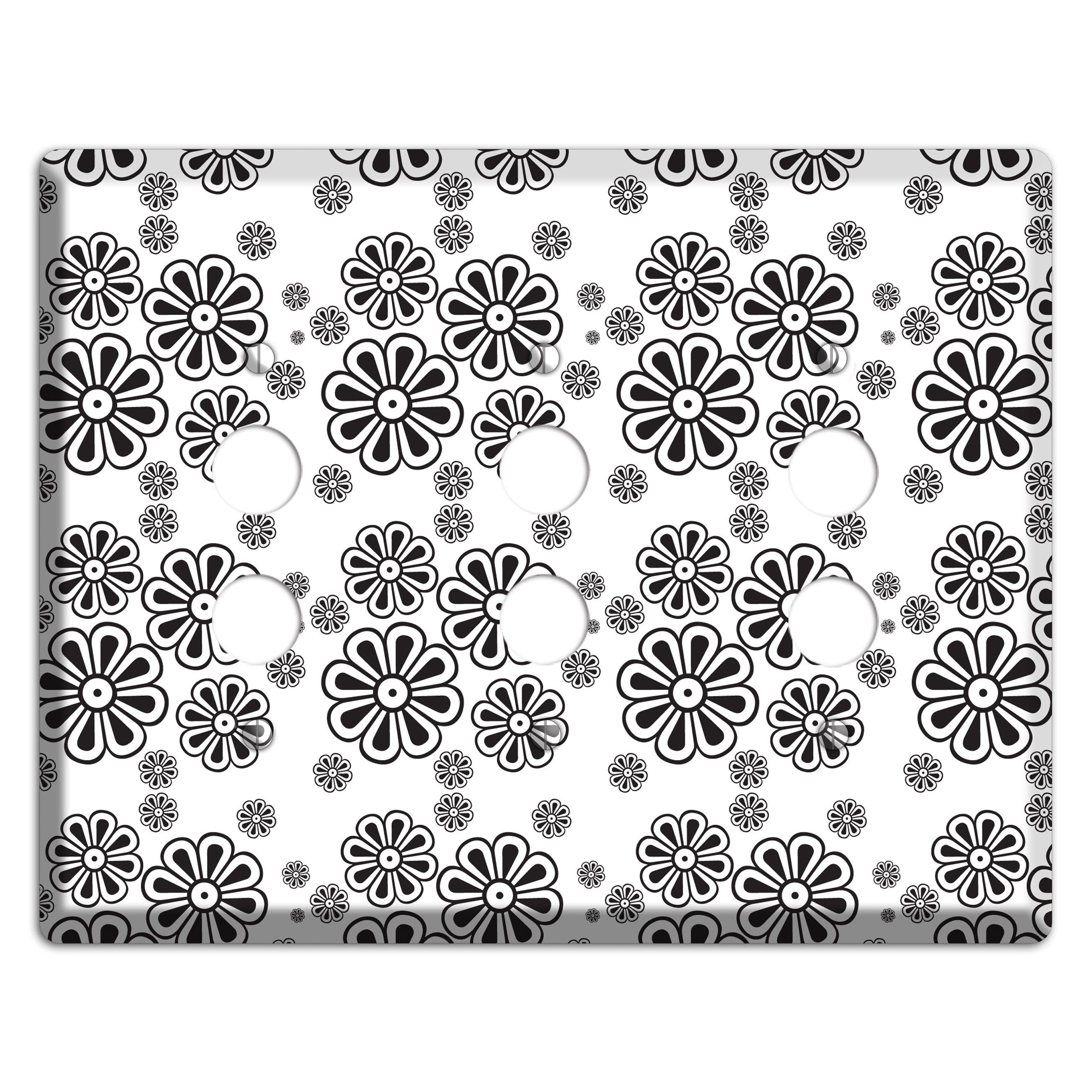 White With Black Small Retro Floral Contour 3 Pushbutton Wallplate