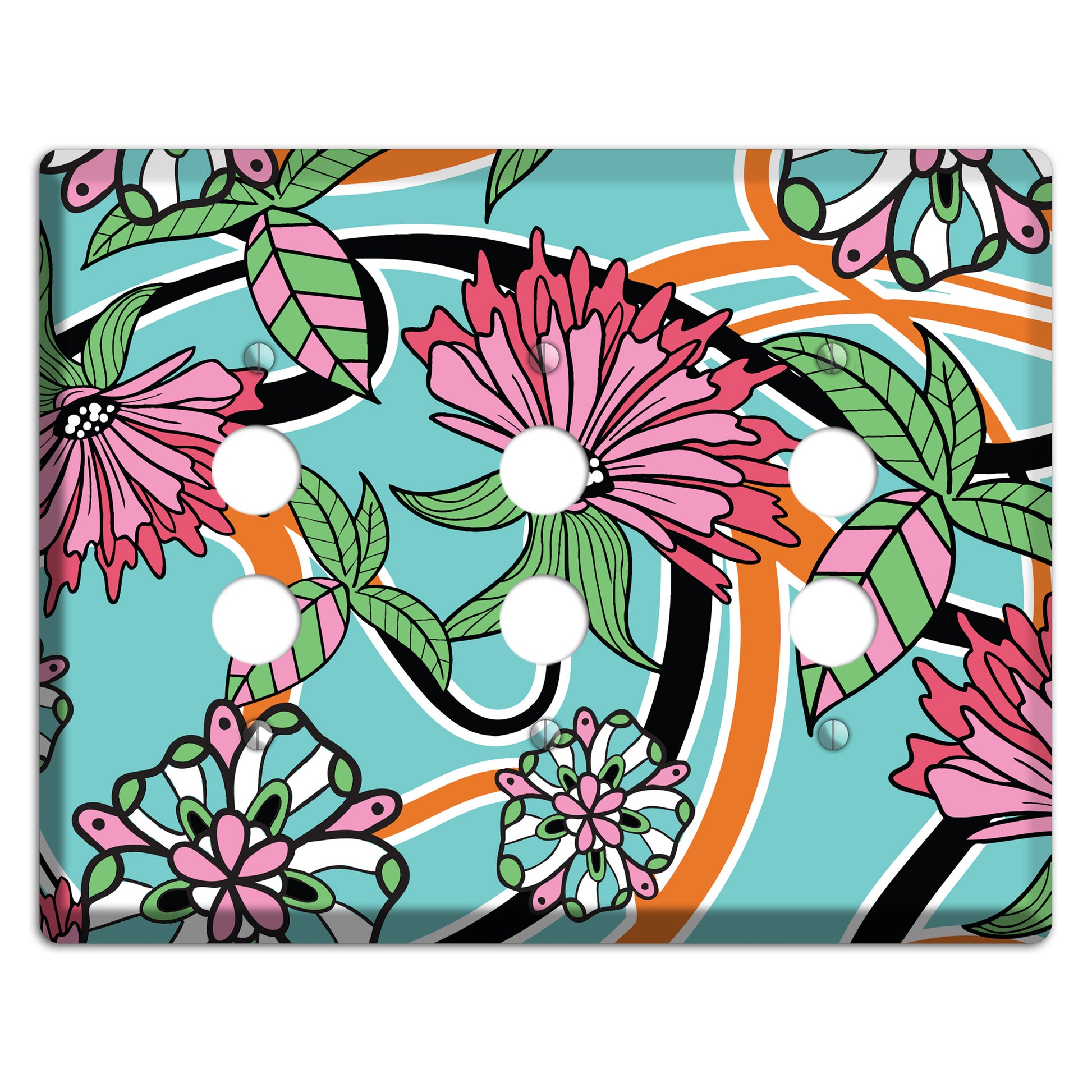Turquoise with Pink Flowers 3 Pushbutton Wallplate
