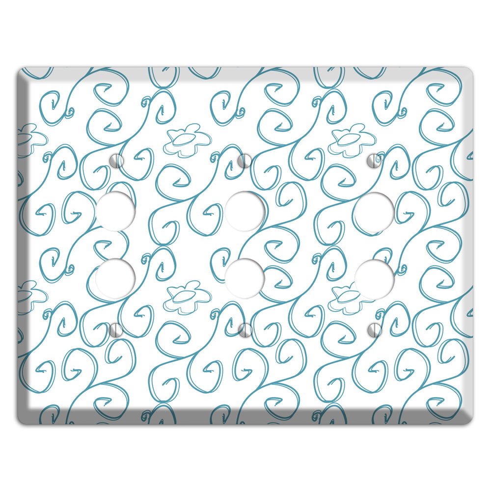 Blue Scroll Flower Contour 3 Pushbutton Wallplate