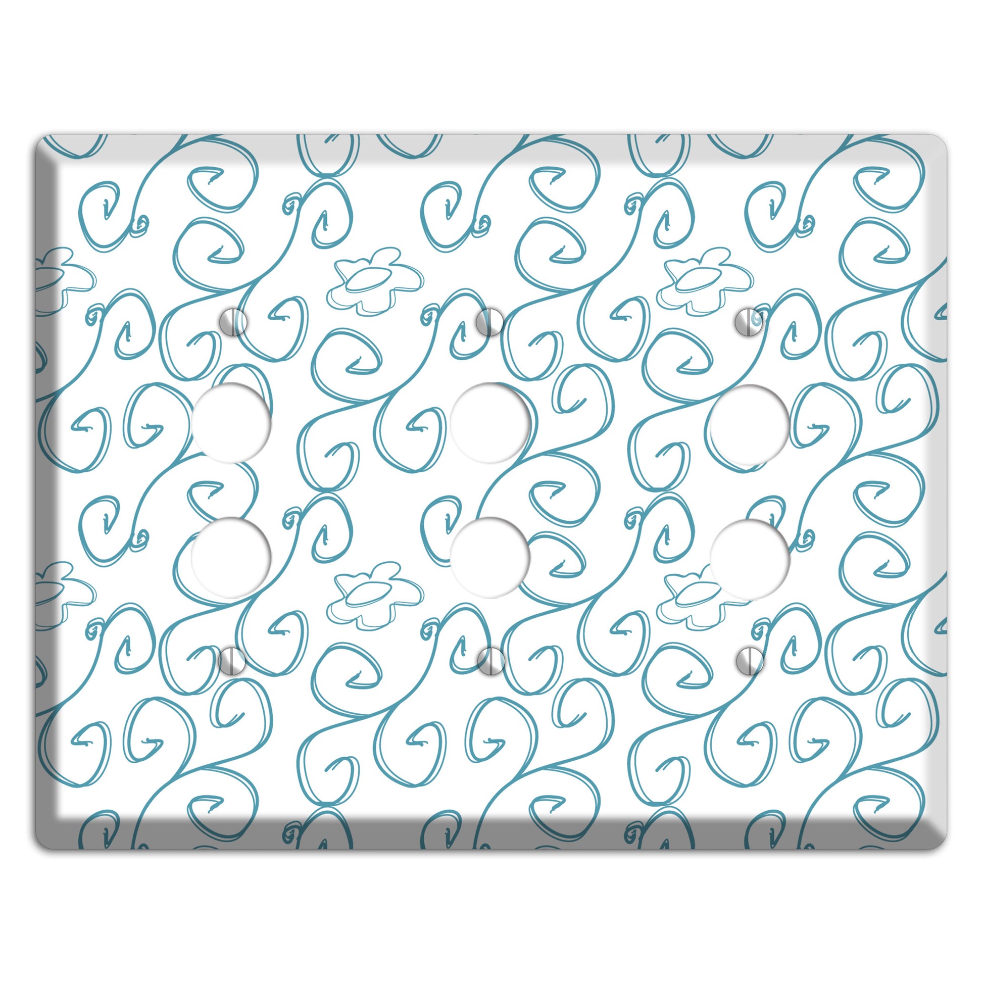 Blue Scroll Flower Contour 3 Pushbutton Wallplate