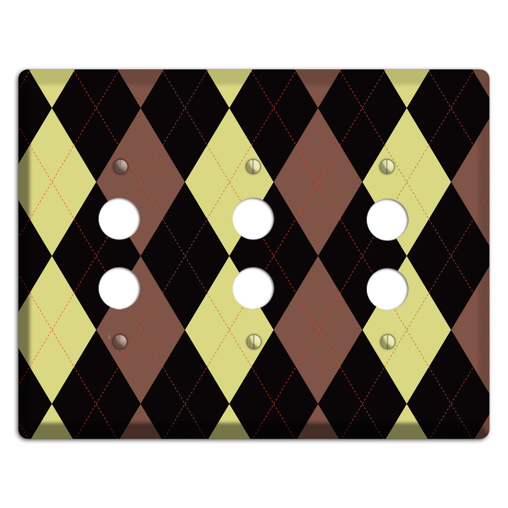 Yellow and Brown Argyle 3 Pushbutton Wallplate