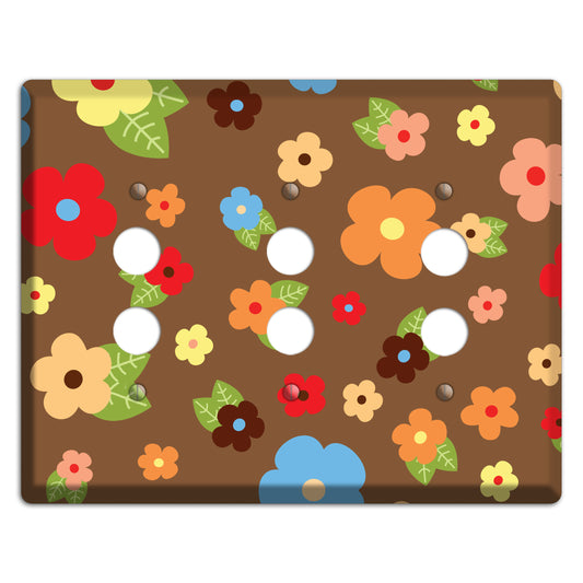 Brown Delicate Flowers 3 Pushbutton Wallplate