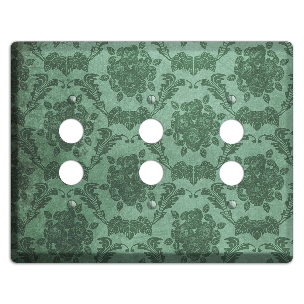 Viridian Green Vintage Rose Damask 3 Pushbutton Wallplate