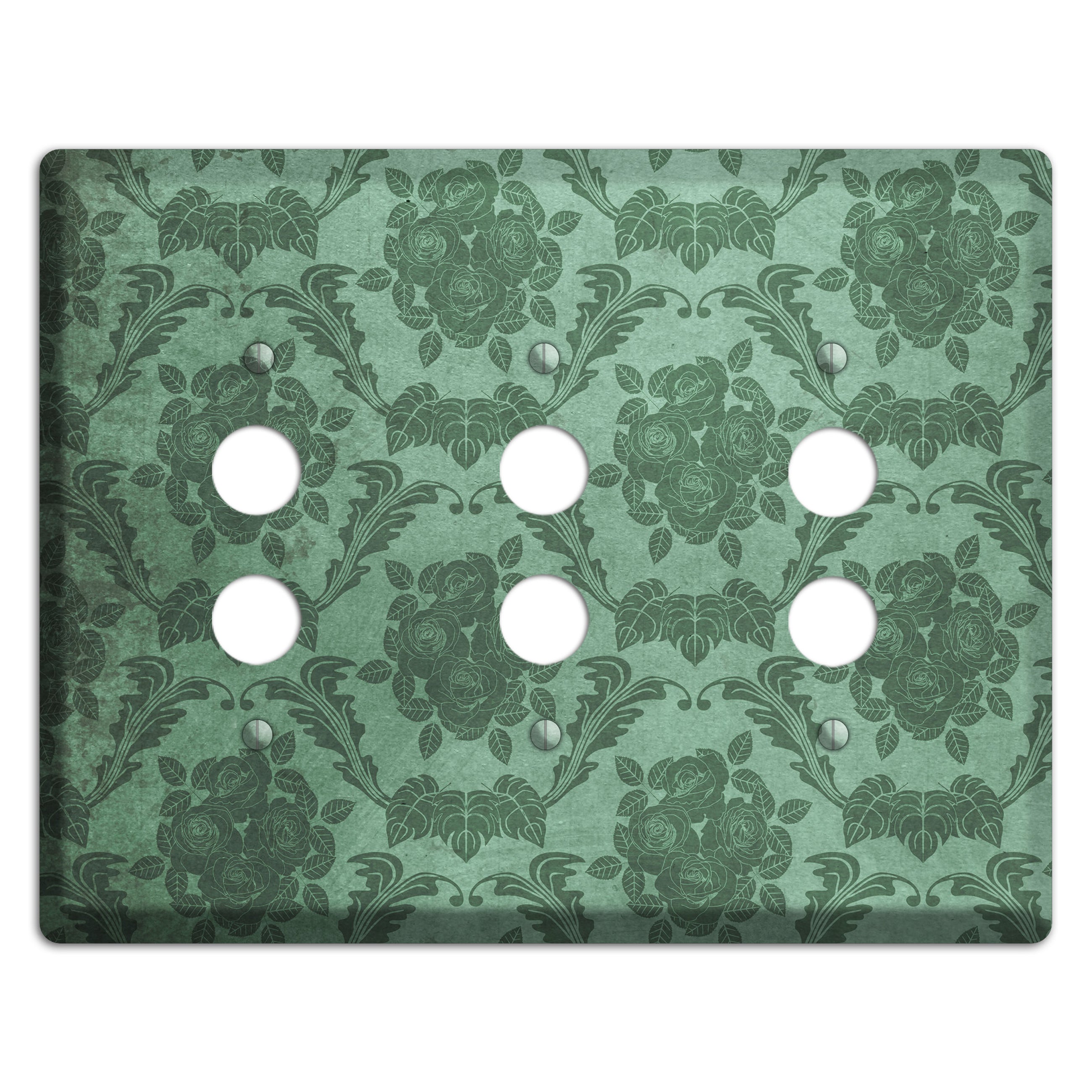Viridian Green Vintage Rose Damask 3 Pushbutton Wallplate