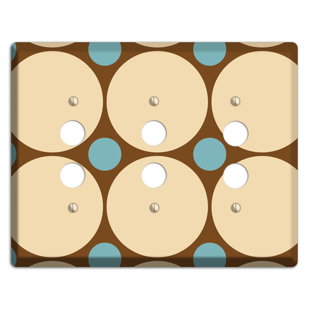 Brown with Beige and Dusty Blue Multi Tiled Large Dots 3 Pushbutton Wallplate