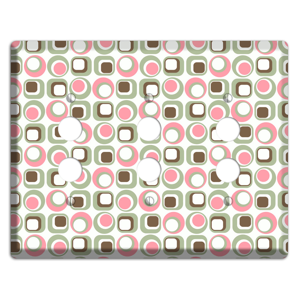 White with Pink Sage Brown Retro Squares and Circles 3 Pushbutton Wallplate