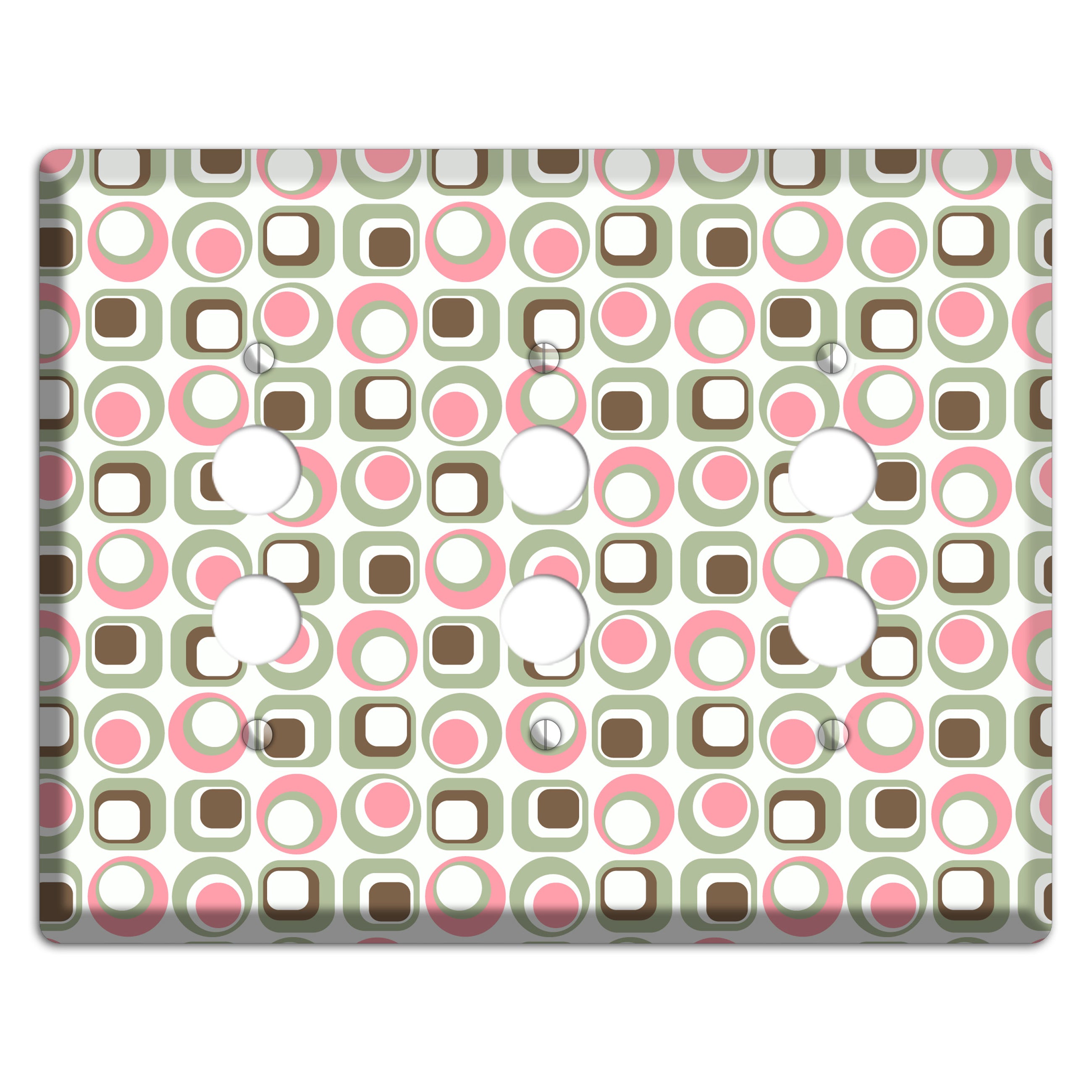 White with Pink Sage Brown Retro Squares and Circles 3 Pushbutton Wallplate