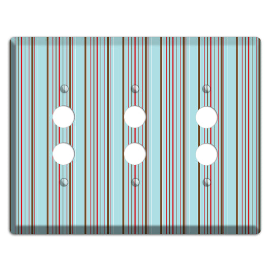 Dusty Blue with Red and Brown Vertical Stripes 3 Pushbutton Wallplate