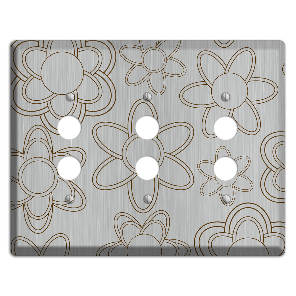 Retro Floral Contour Stainless Steel 3 Pushbutton Wallplate