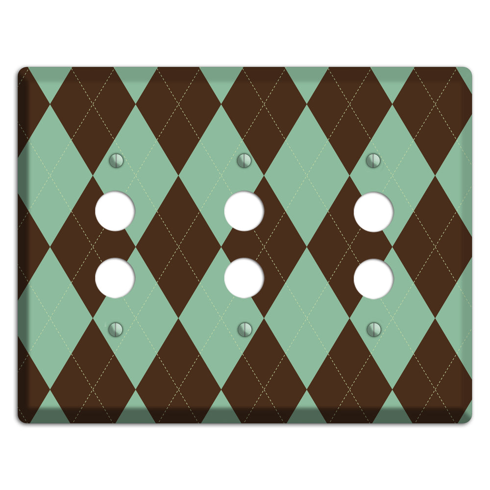 Green and Brown Argyle 3 Pushbutton Wallplate