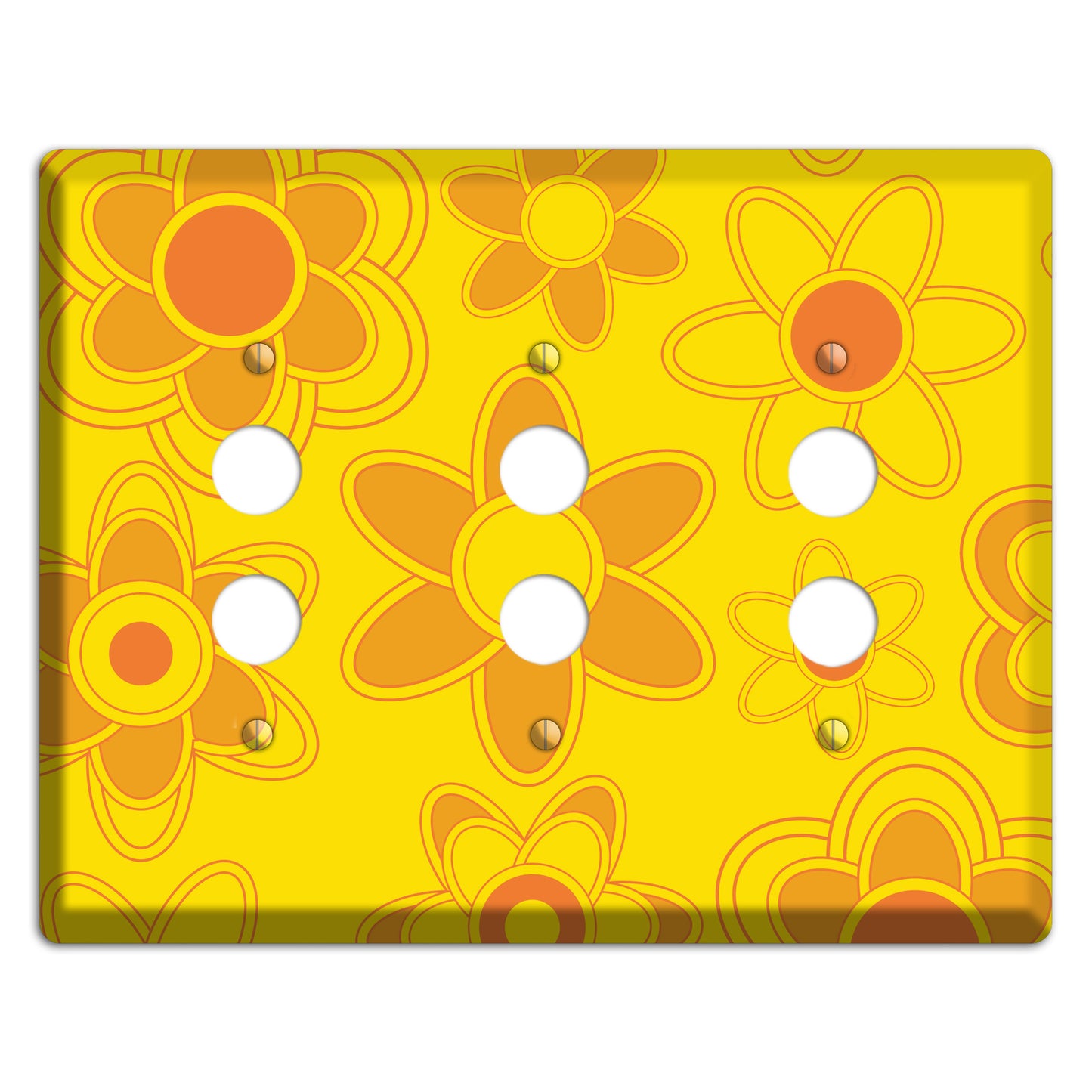 Yellow with Orange Retro Floral Contour 3 Pushbutton Wallplate