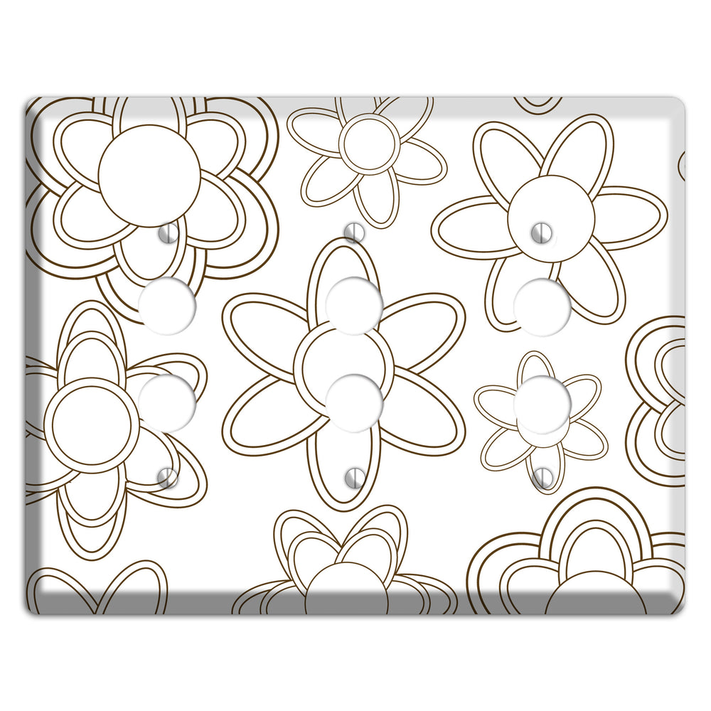 White with Retro Floral Contour 3 Pushbutton Wallplate