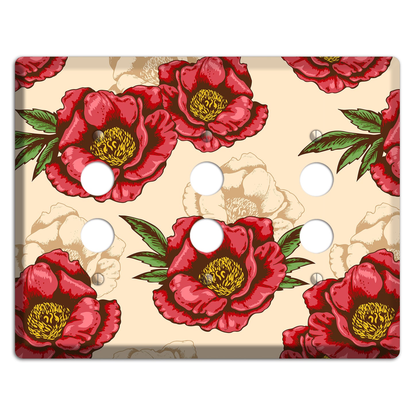 Red Peony Style A 3 Pushbutton Wallplate