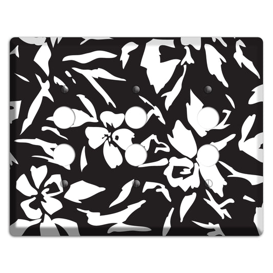 Black with White Woodcut Floral 3 Pushbutton Wallplate