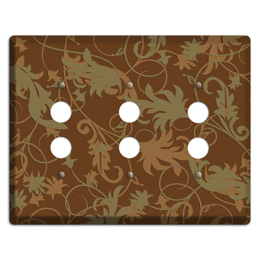 Brown and Olive Victorian Sprig 3 Pushbutton Wallplate