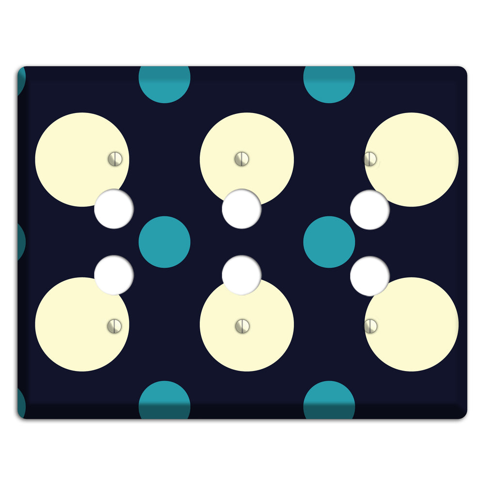 Black with Yellow and Teal Multi Medium Polka Dots 3 Pushbutton Wallplate