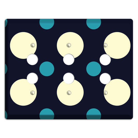 Black with Yellow and Teal Multi Medium Polka Dots 3 Pushbutton Wallplate