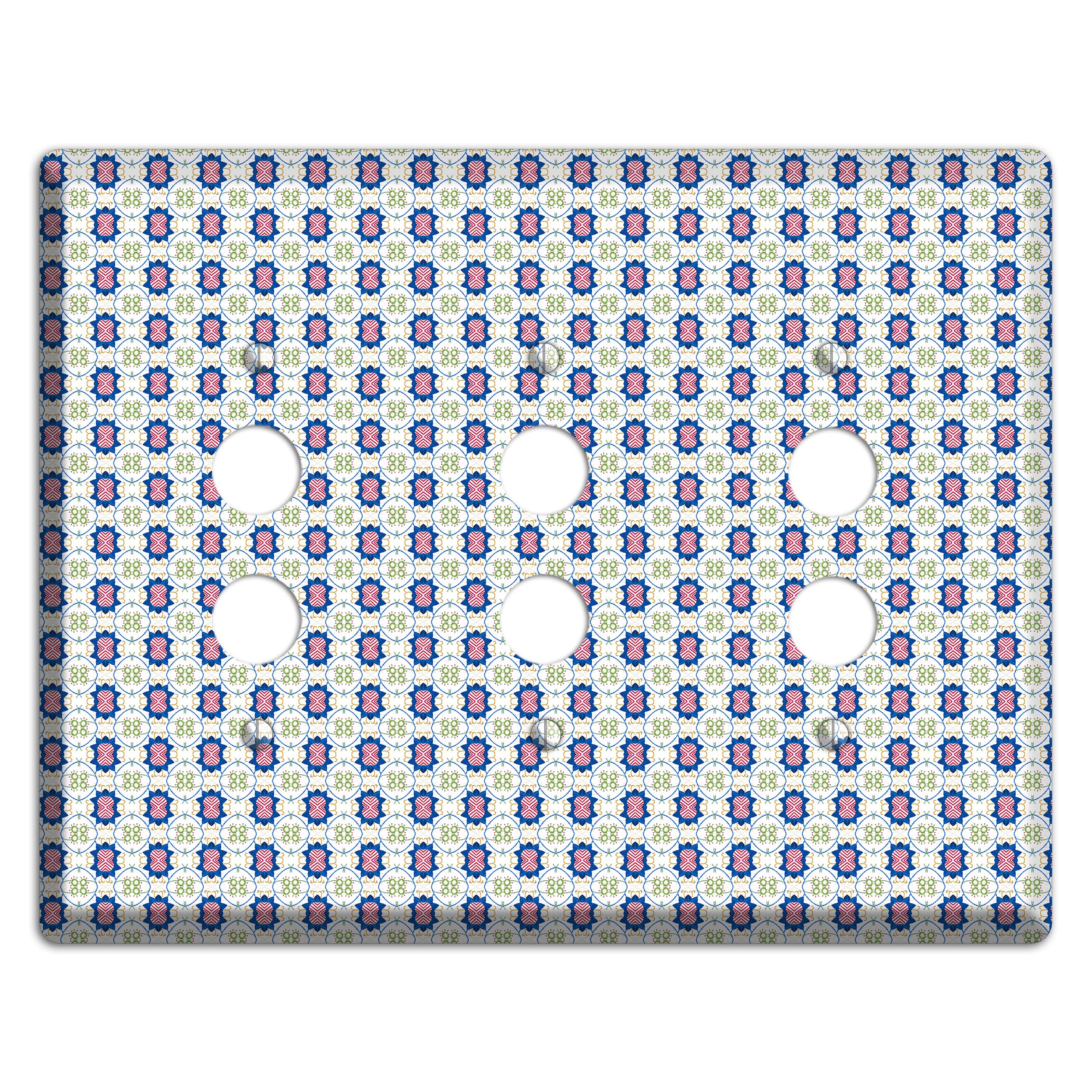 White with Blue Pink Green Arabesque 3 Pushbutton Wallplate