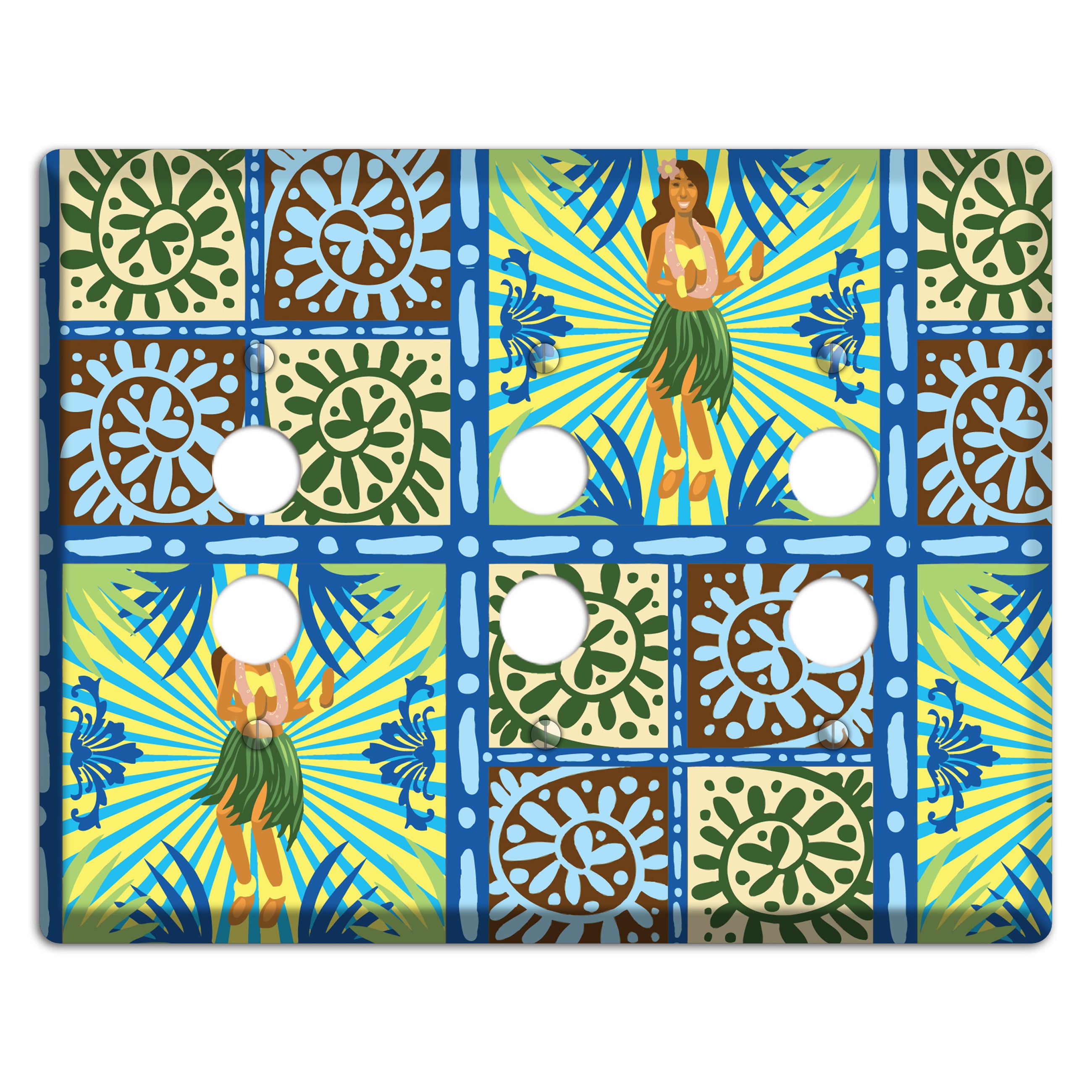 Blue and Green Hula 3 Pushbutton Wallplate