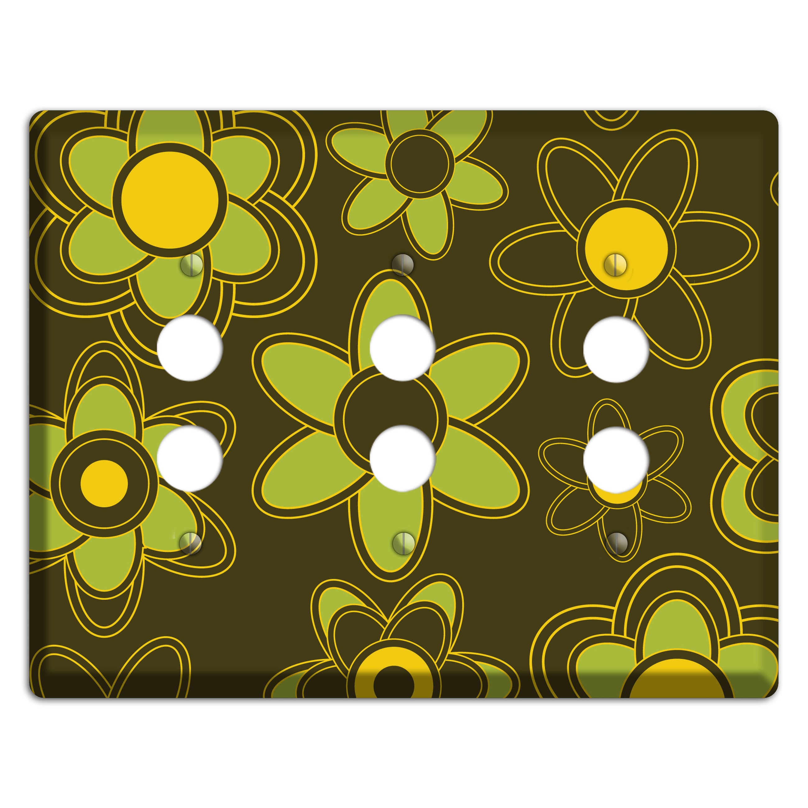 Brown with Lime Retro Floral Contour 3 Pushbutton Wallplate