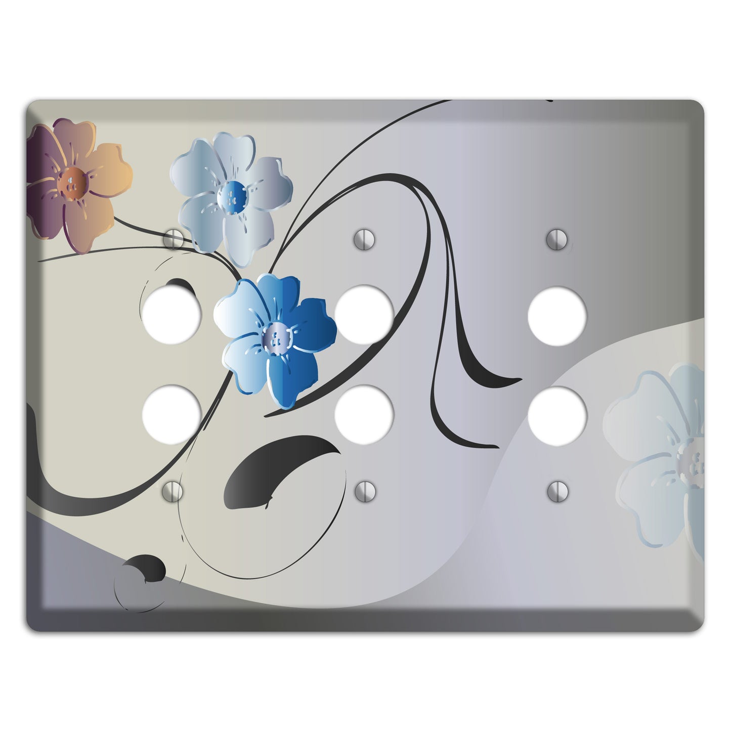 Grey and Blue Floral Sprig 3 Pushbutton Wallplate