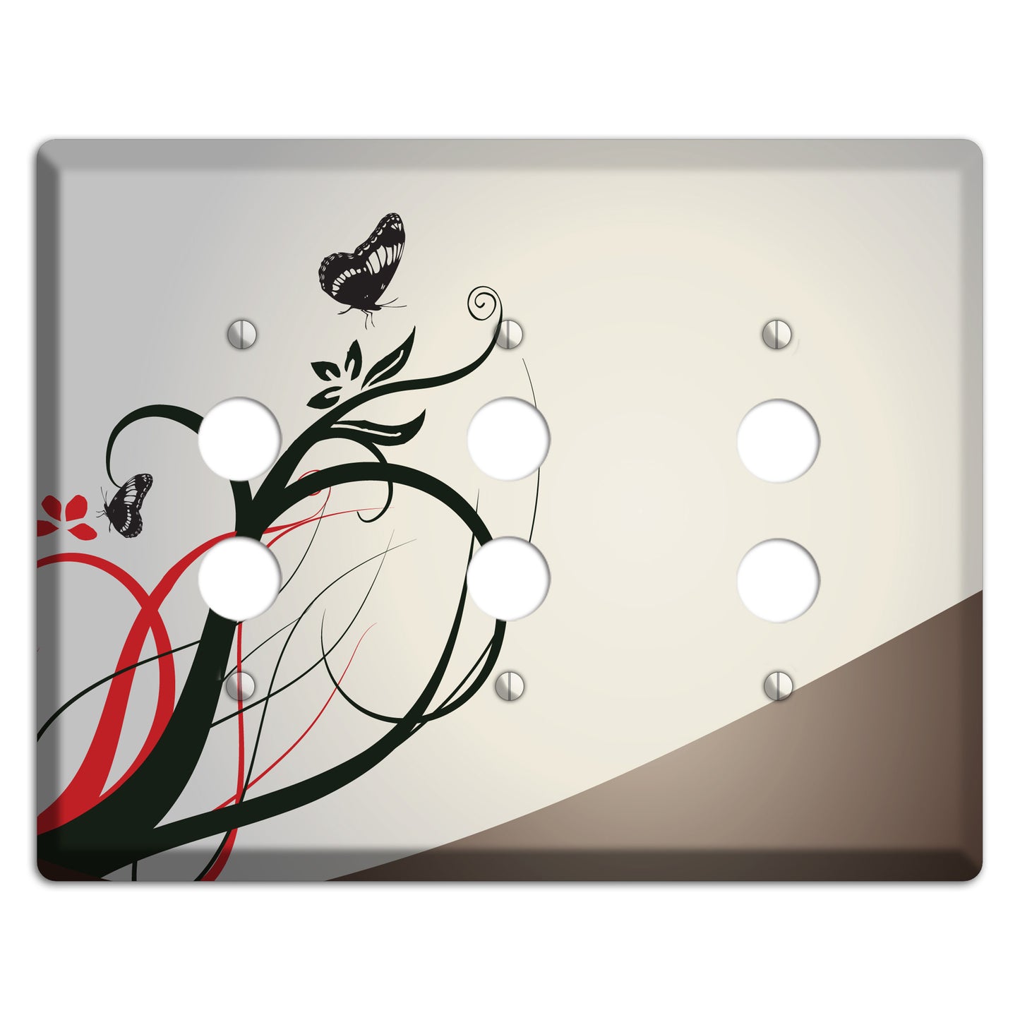 Grey and Red Floral Sprig with Butterfly 3 Pushbutton Wallplate