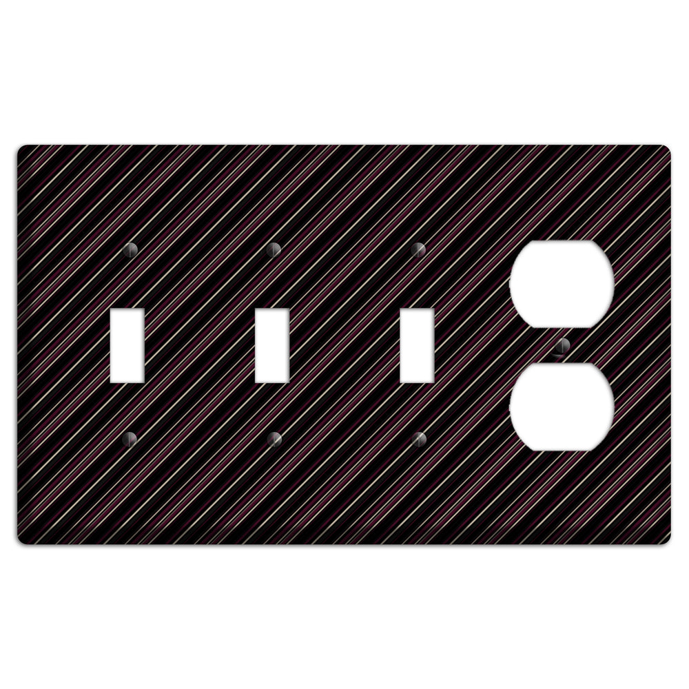 Black with White and Burgundy Angled Pinstripe 3 Toggle / Duplex Wallplate