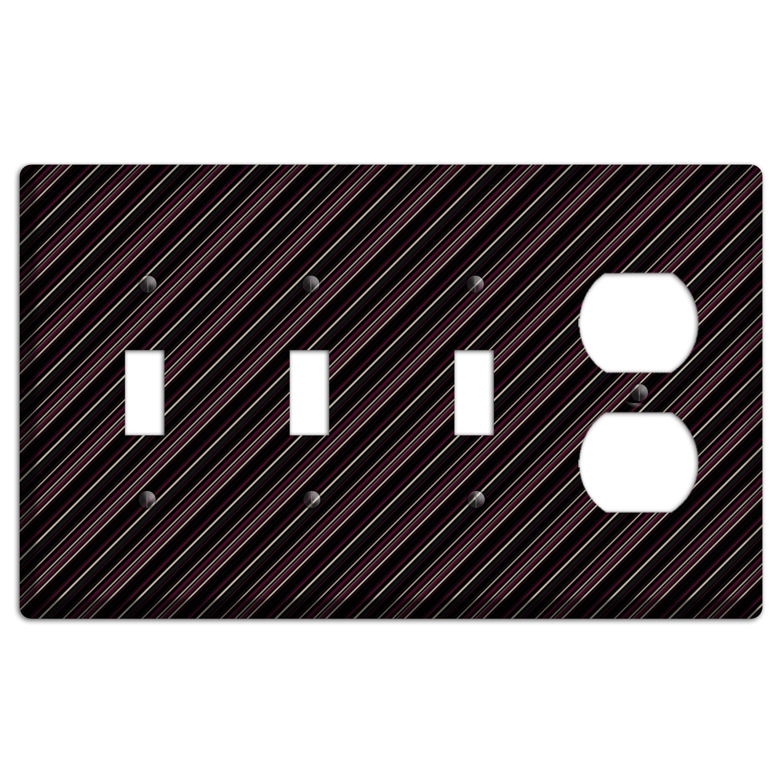 Black with White and Burgundy Angled Pinstripe 3 Toggle / Duplex Wallplate