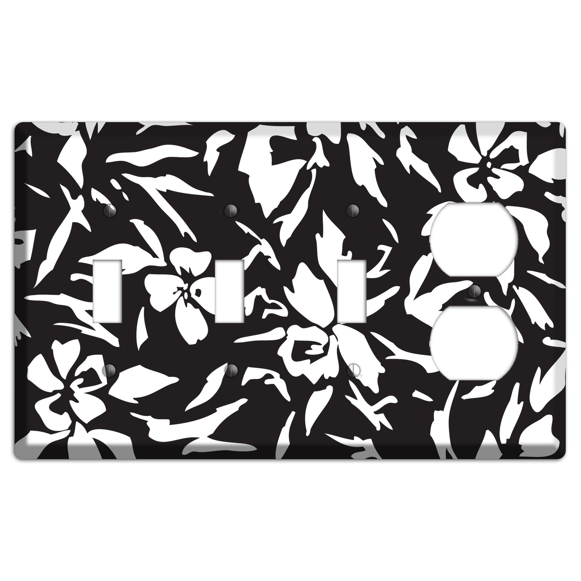Black with White Woodcut Floral 3 Toggle / Duplex Wallplate
