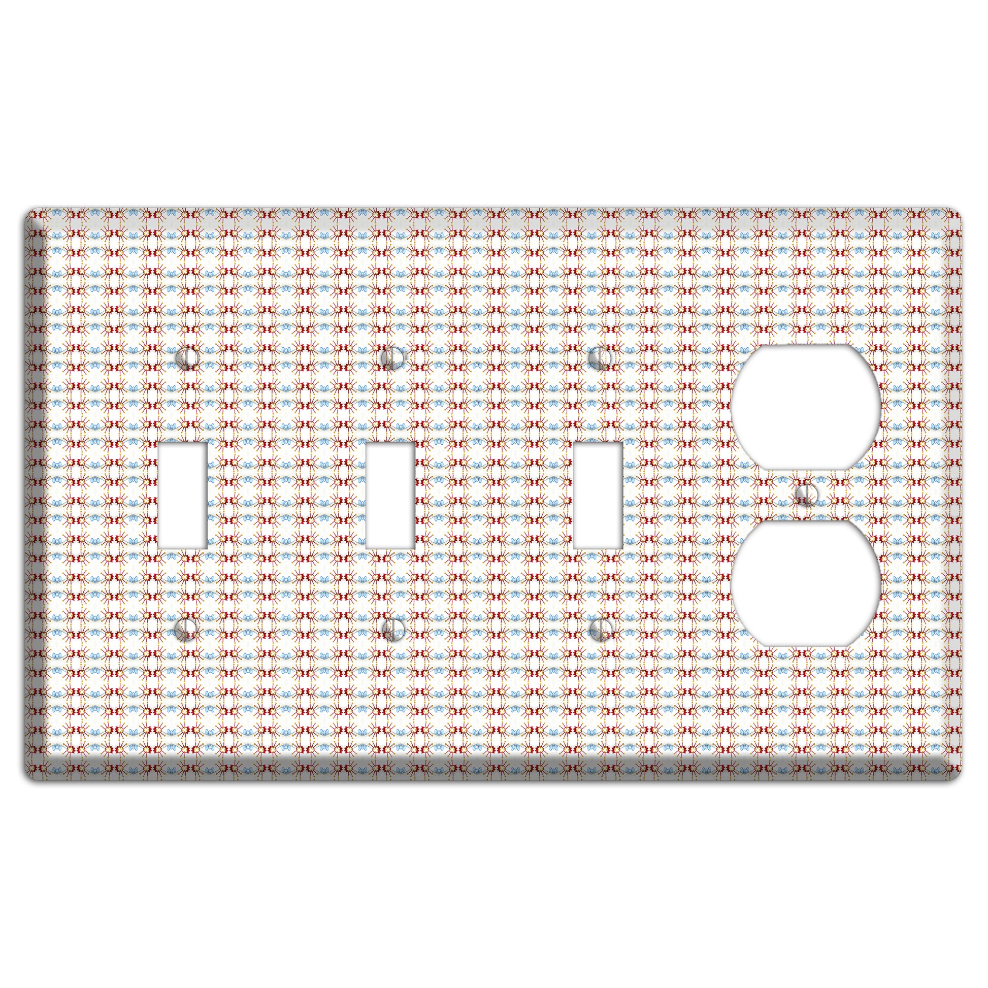Off White with Red Blue Retro Tapestry 3 Toggle / Duplex Wallplate