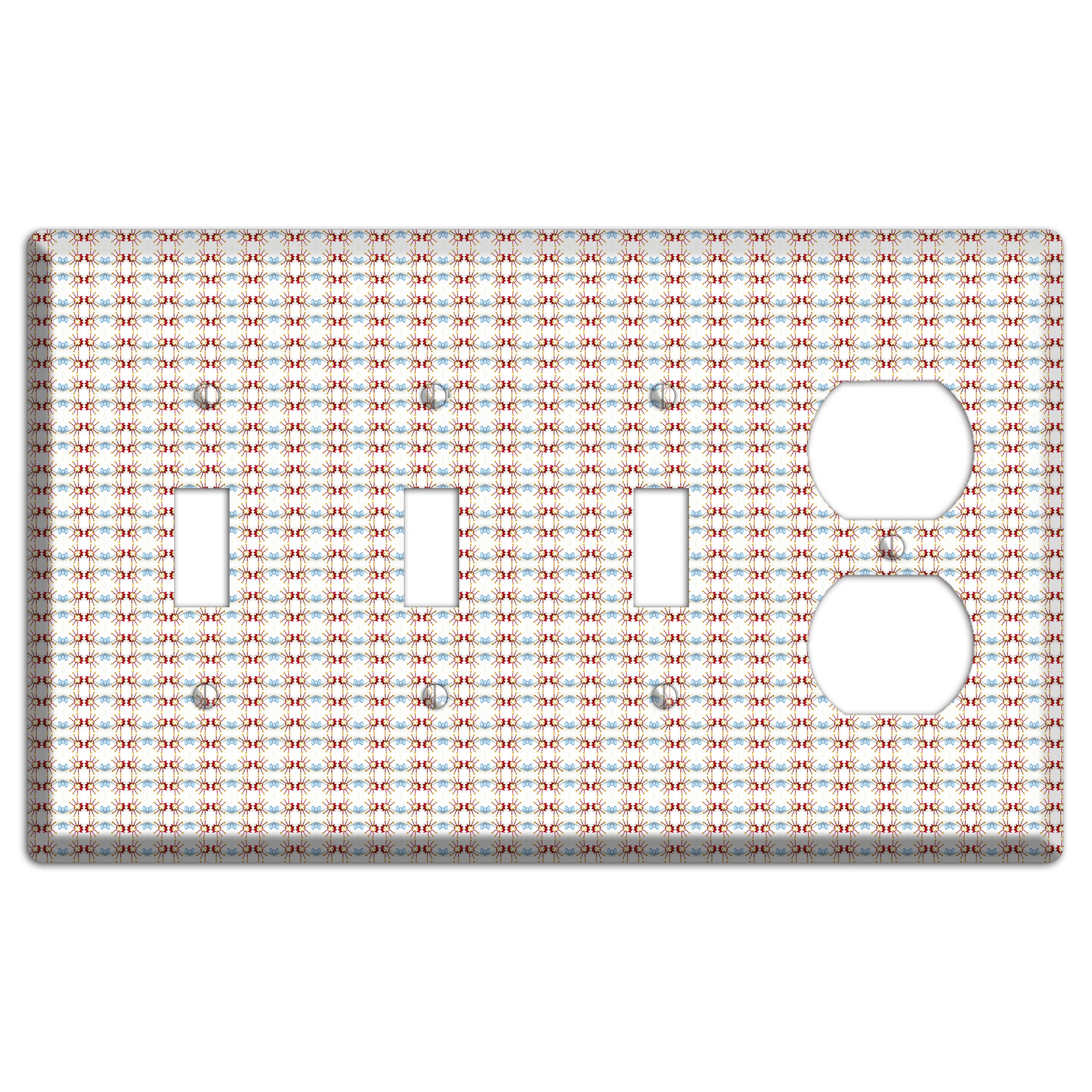 Off White with Red Blue Retro Tapestry 3 Toggle / Duplex Wallplate
