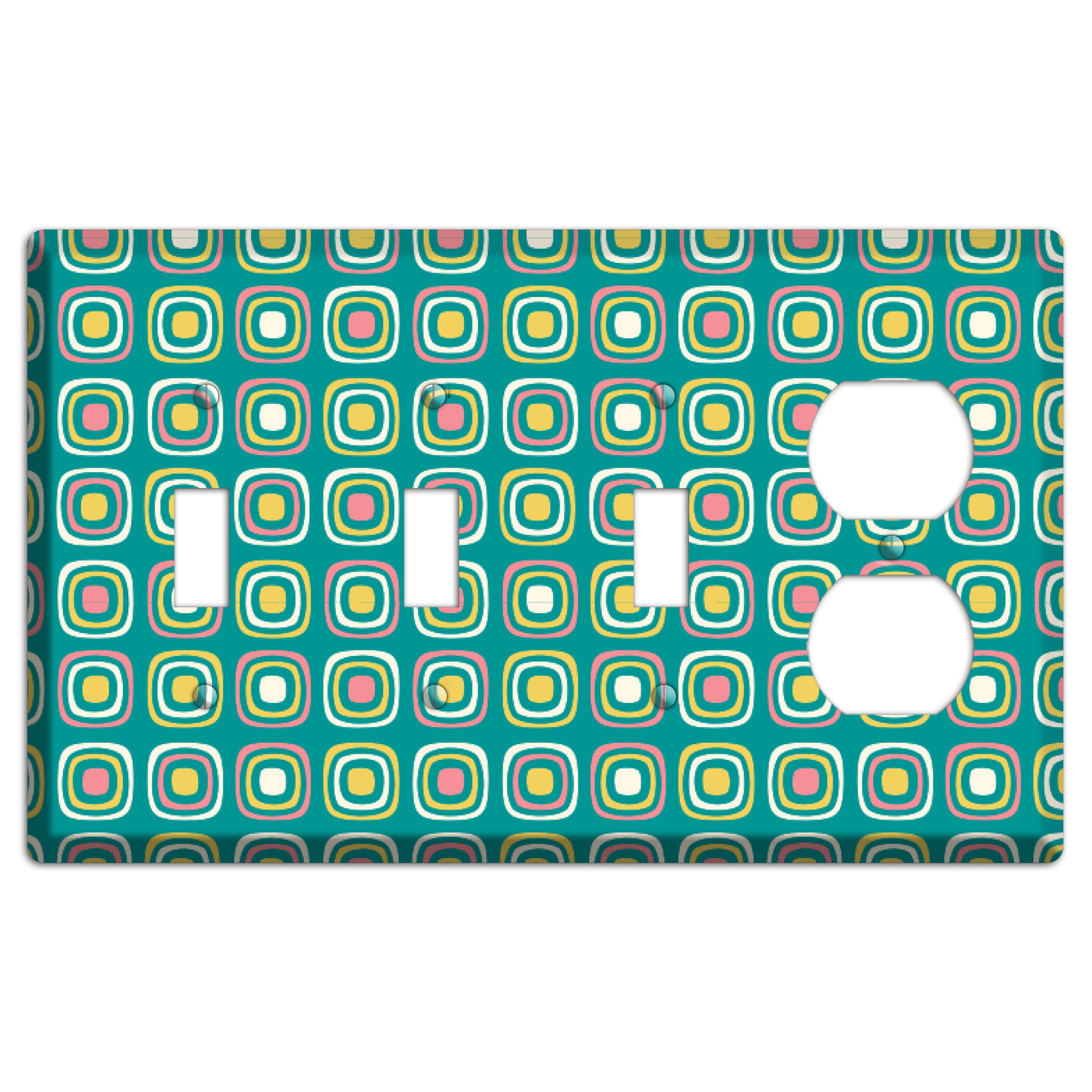 Mulri Teal Coral Lime Retro Squares 3 Toggle / Duplex Wallplate