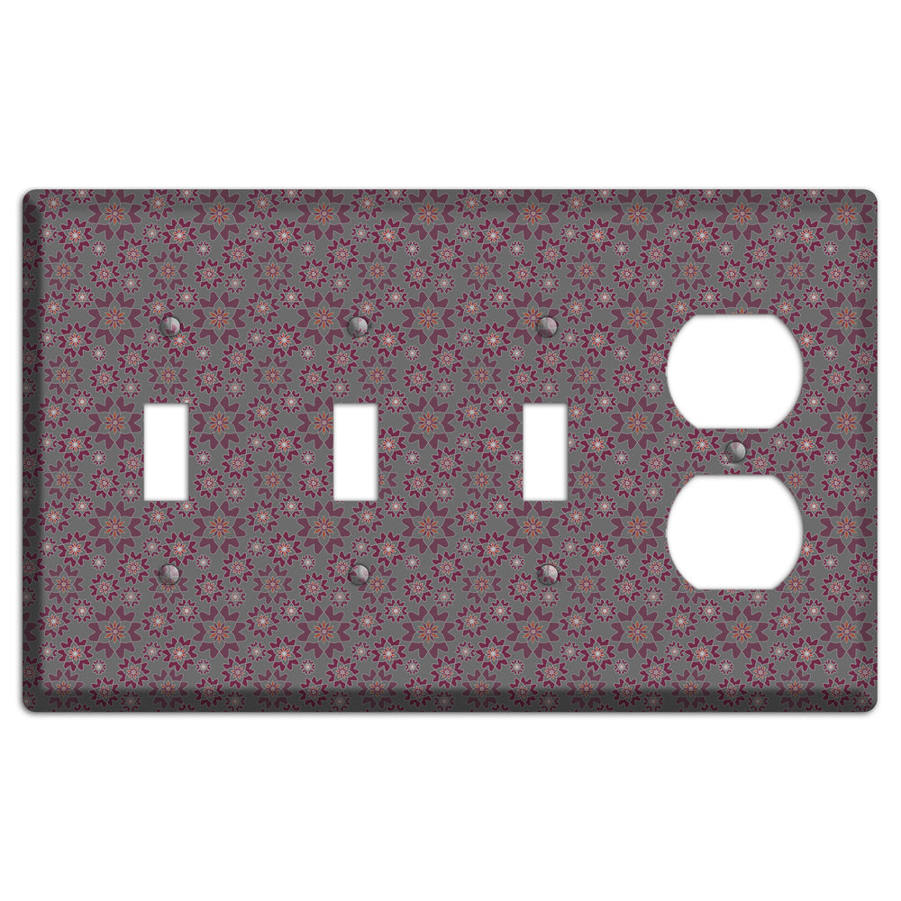 Grey with Tiny Burgundy Retro Suzani 2 3 Toggle / Duplex Wallplate