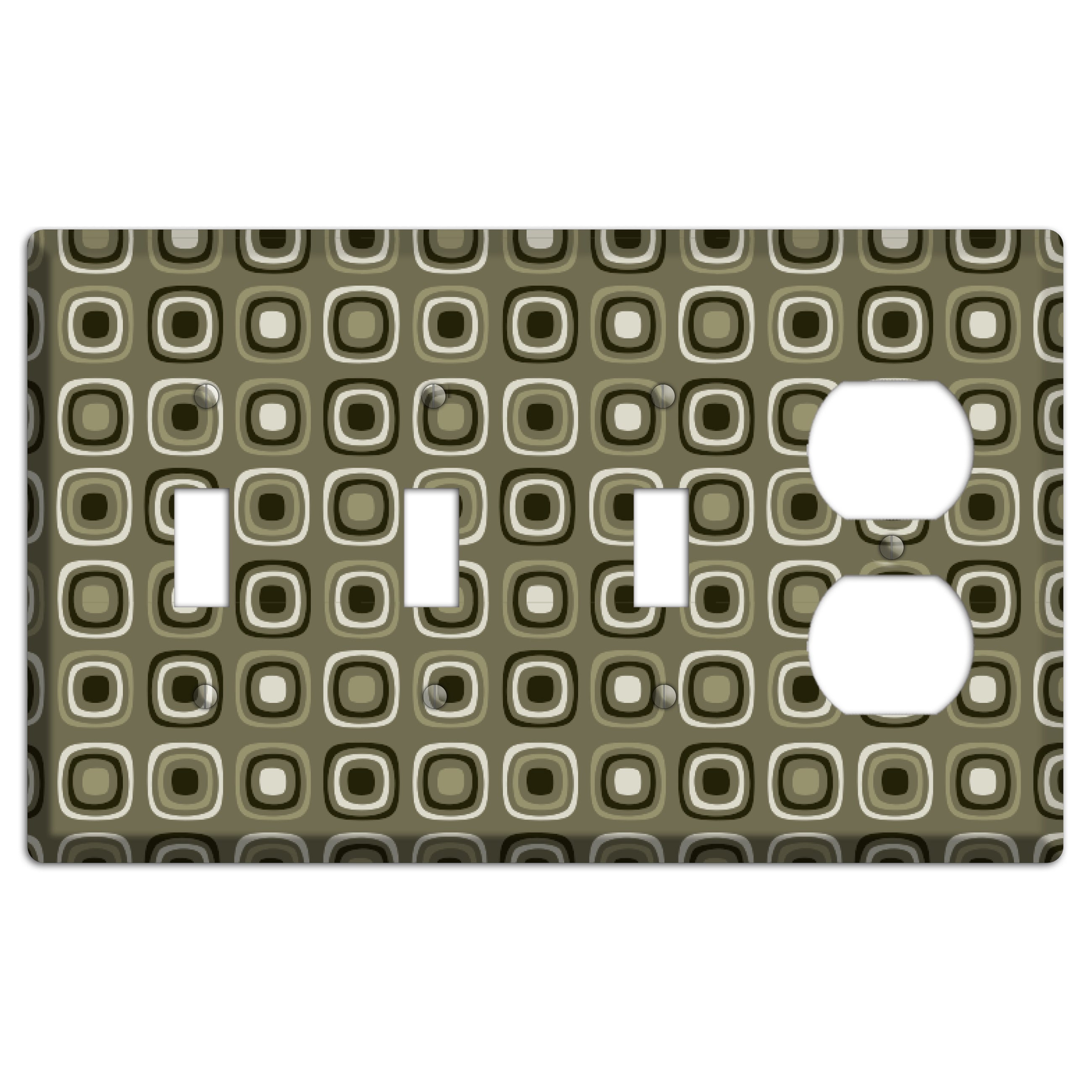Multi Olive and Brown Retro Squares 3 Toggle / Duplex Wallplate