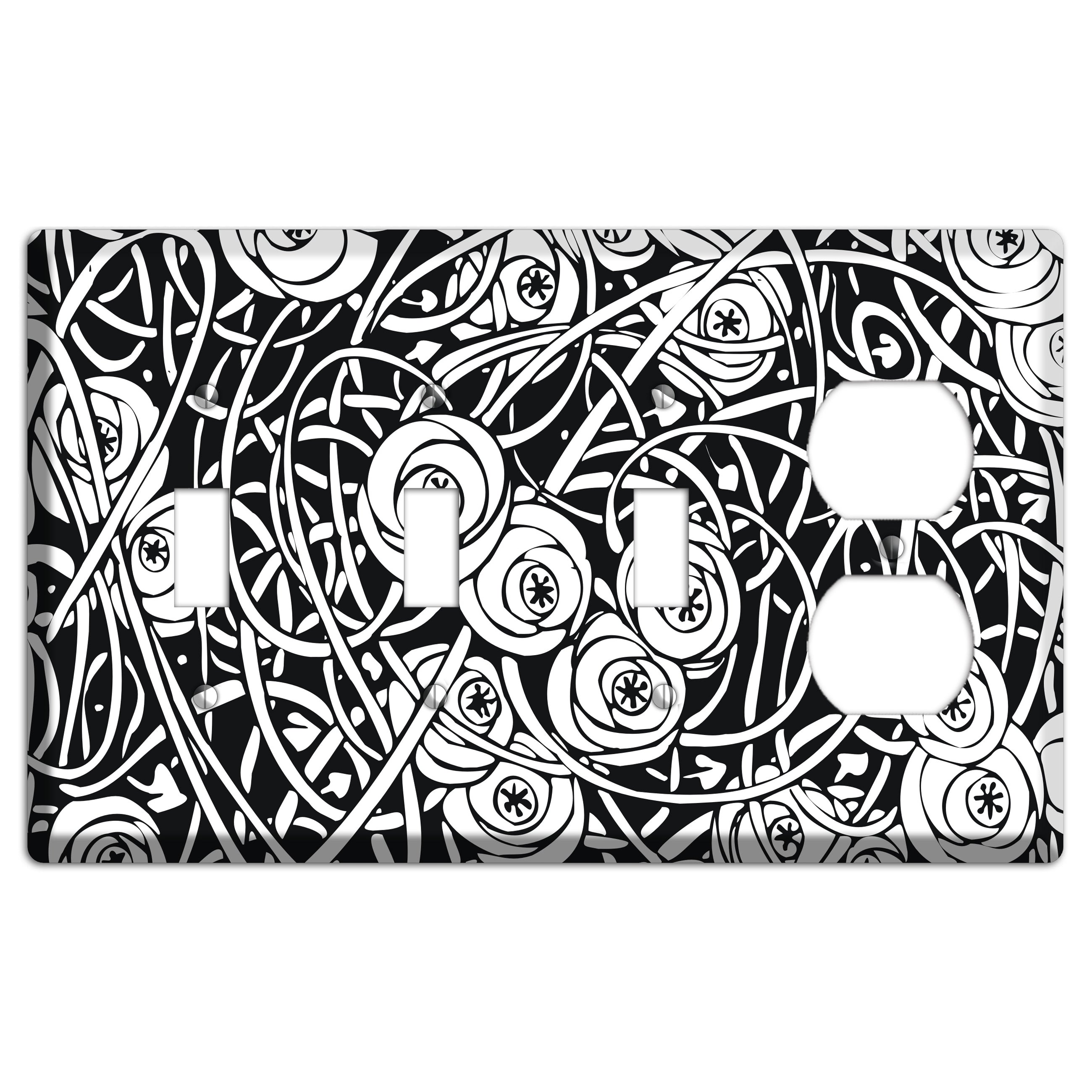 Black and White Deco Floral 3 Toggle / Duplex Wallplate