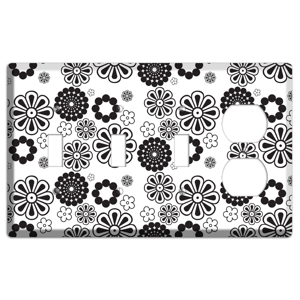 White With Black Retro Floral Contour 3 Toggle / Duplex Wallplate