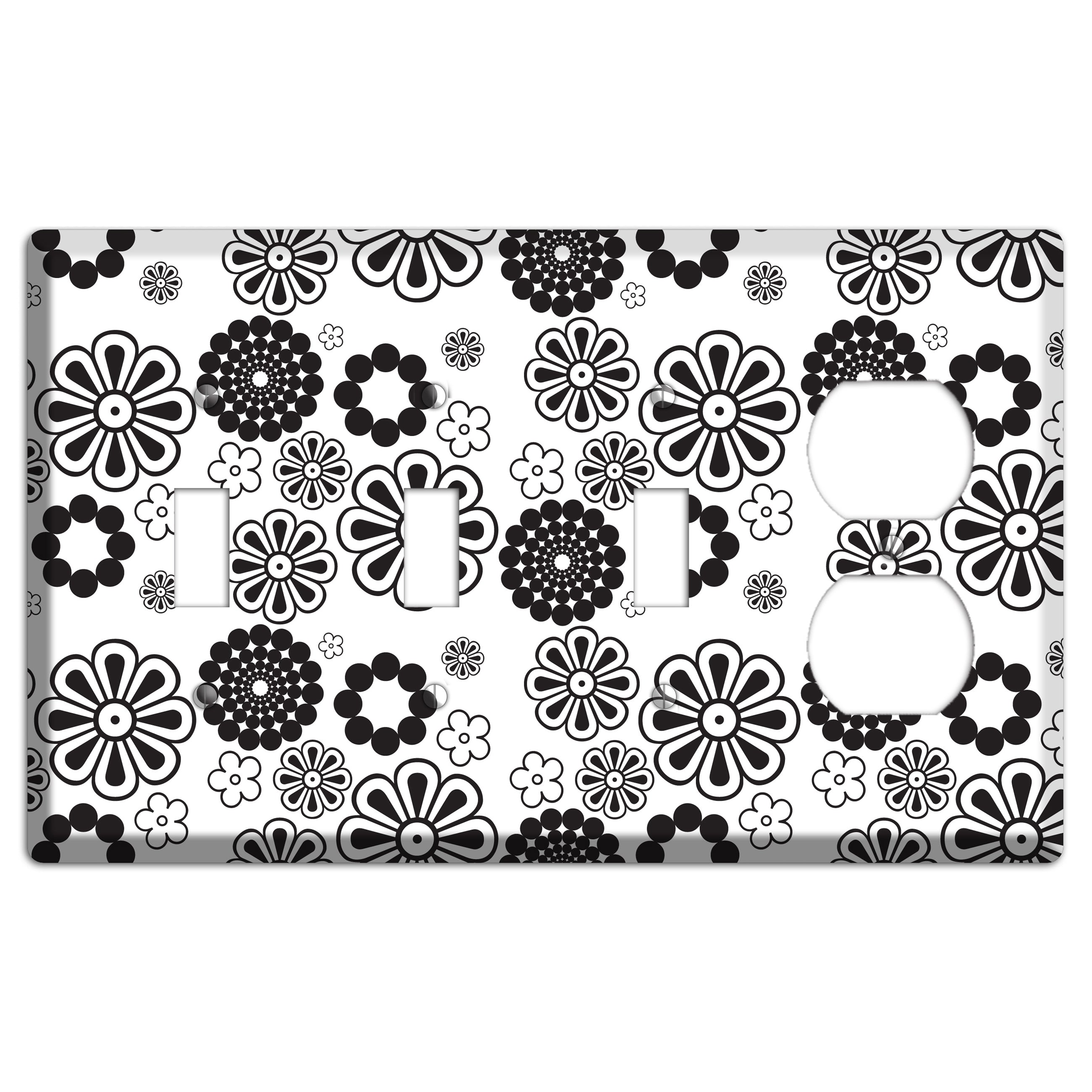 White With Black Retro Floral Contour 3 Toggle / Duplex Wallplate