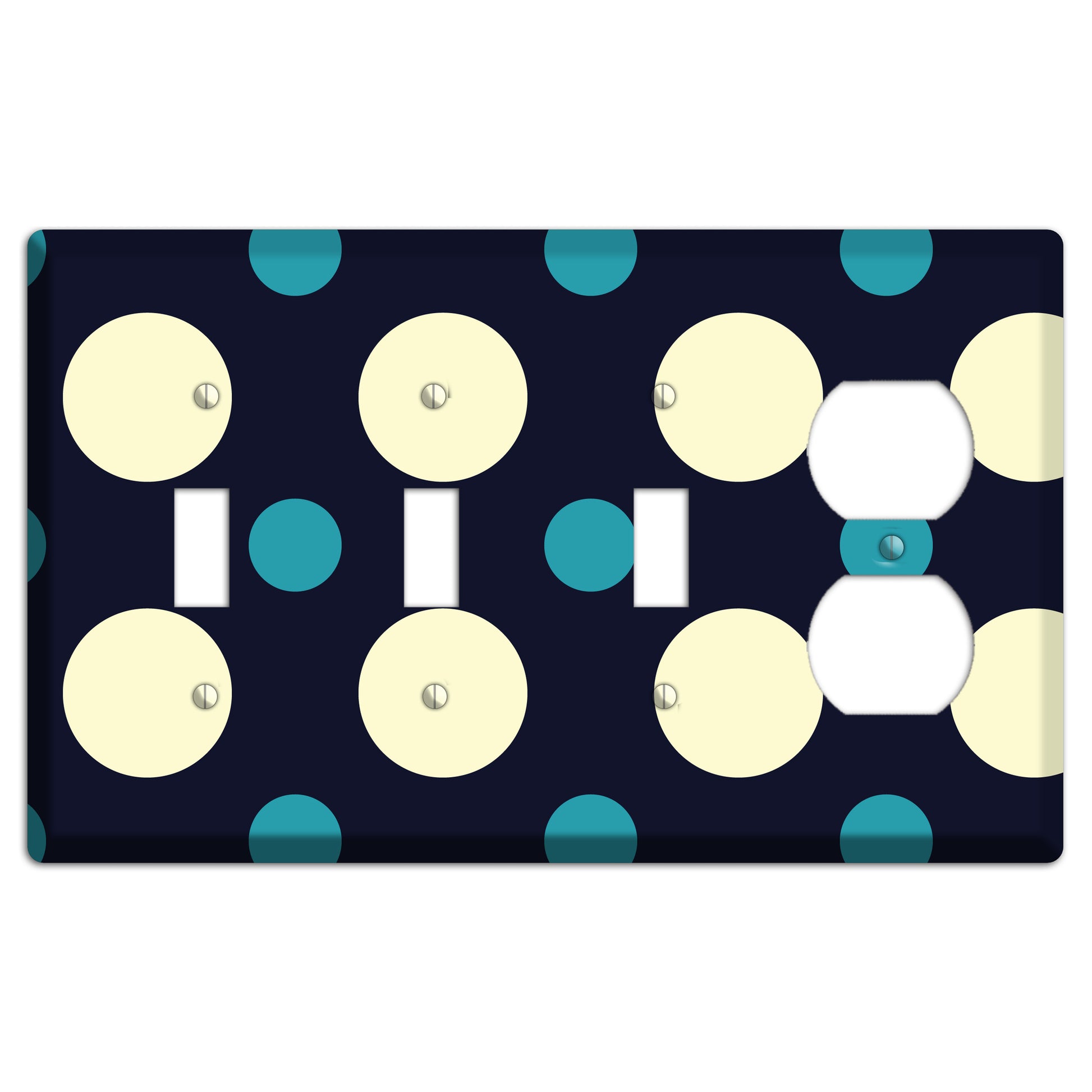 Black with Yellow and Teal Multi Medium Polka Dots 3 Toggle / Duplex Wallplate