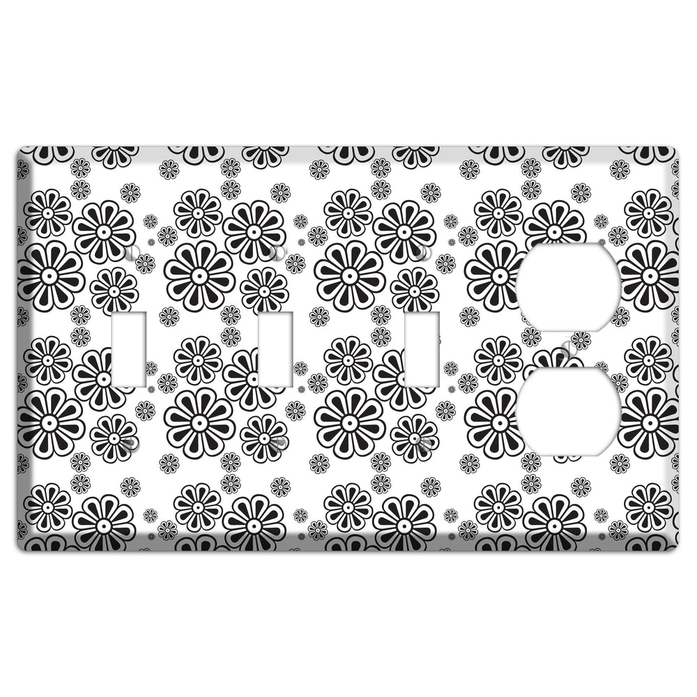 White With Black Small Retro Floral Contour 3 Toggle / Duplex Wallplate