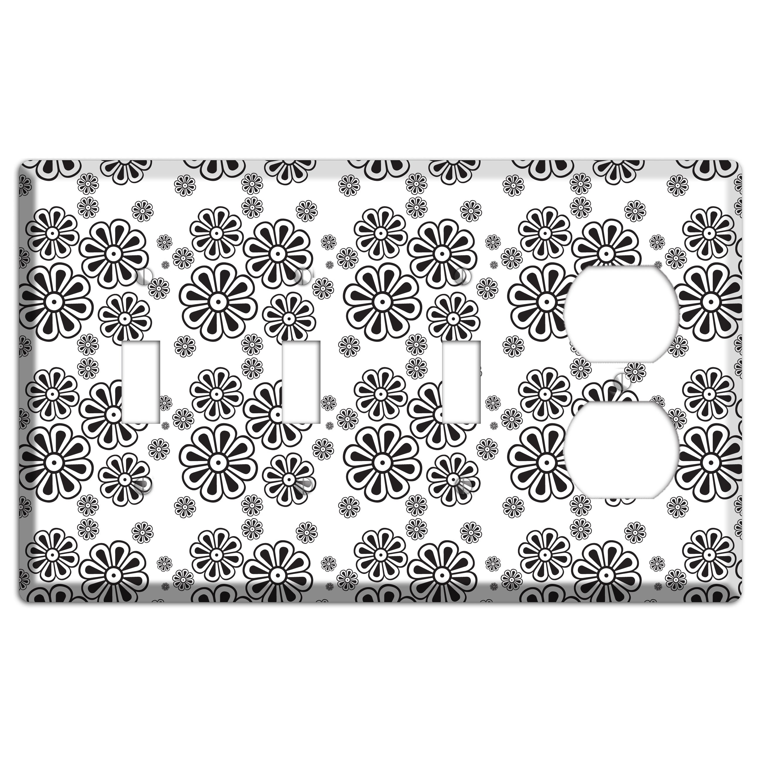 White With Black Small Retro Floral Contour 3 Toggle / Duplex Wallplate