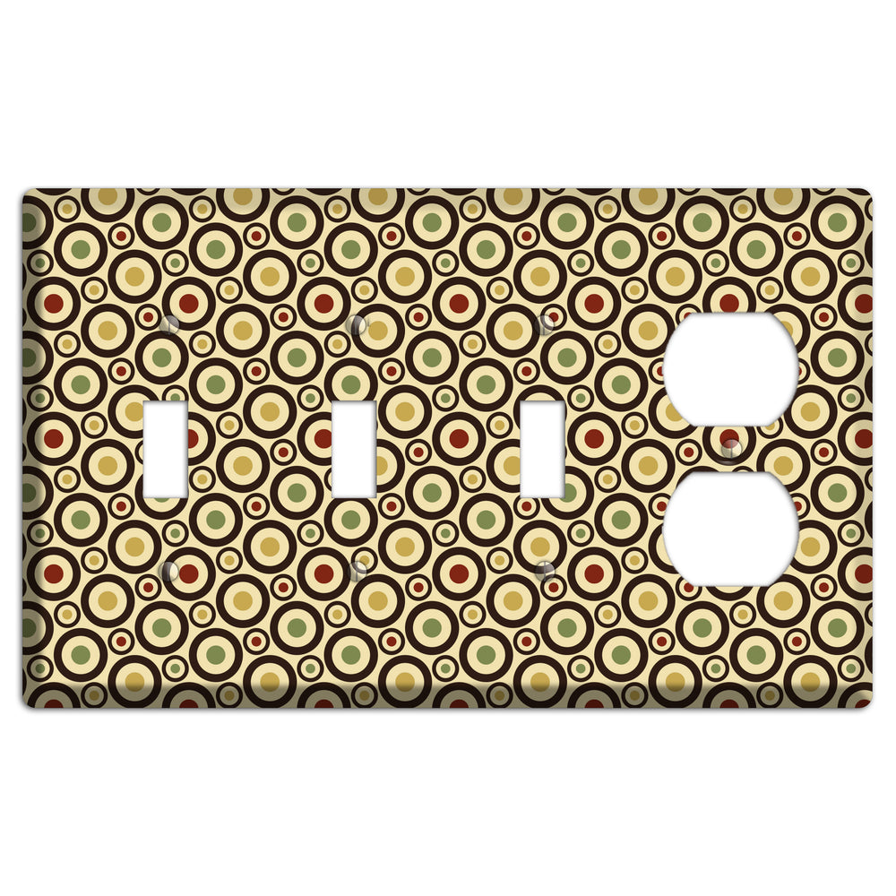 Beige with Olive Mustard Maroon Retro Tiny Bullseye 3 Toggle / Duplex Wallplate